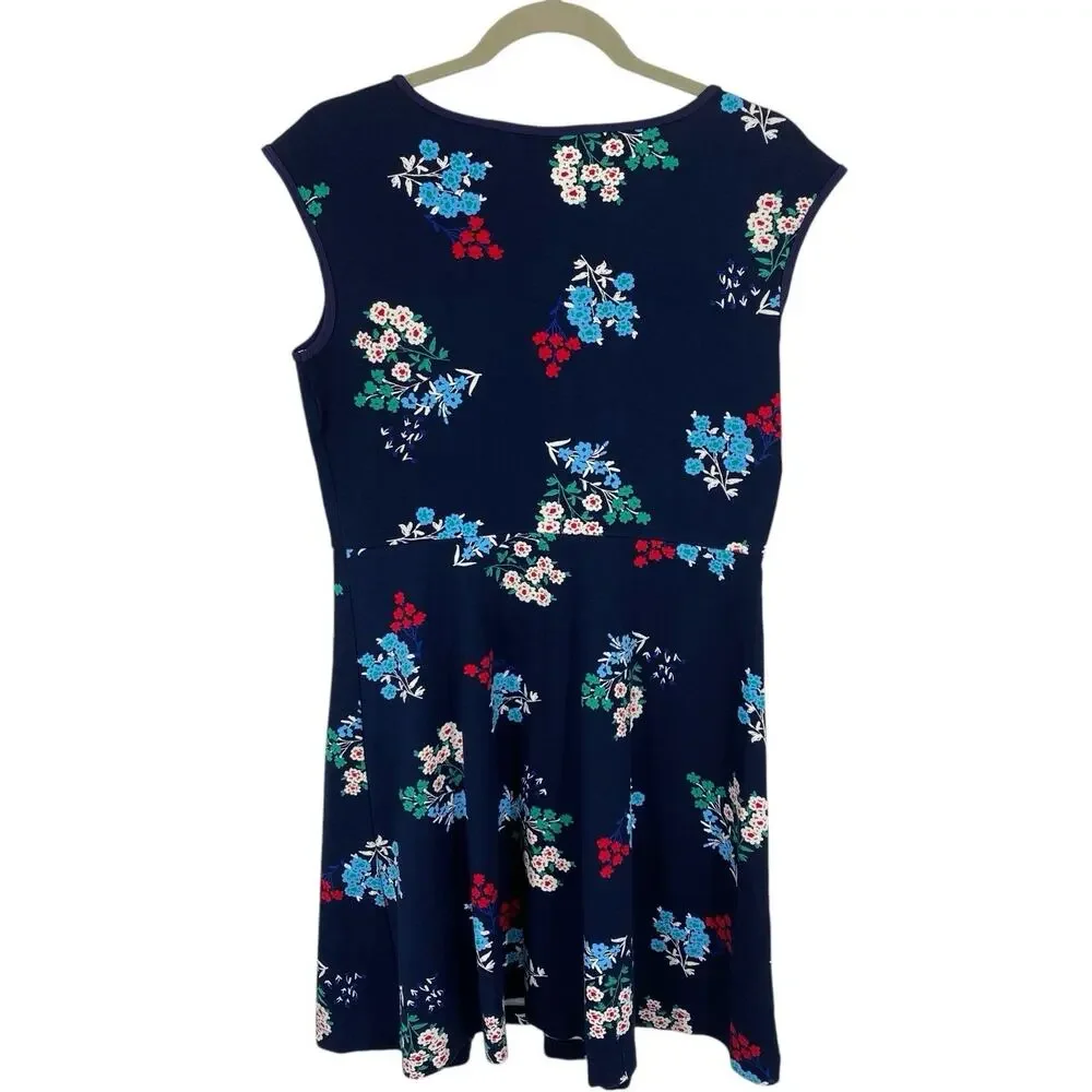 Draper James Dress Floral Ponte A-Line size Medium Navy Blue Cap Sleeves